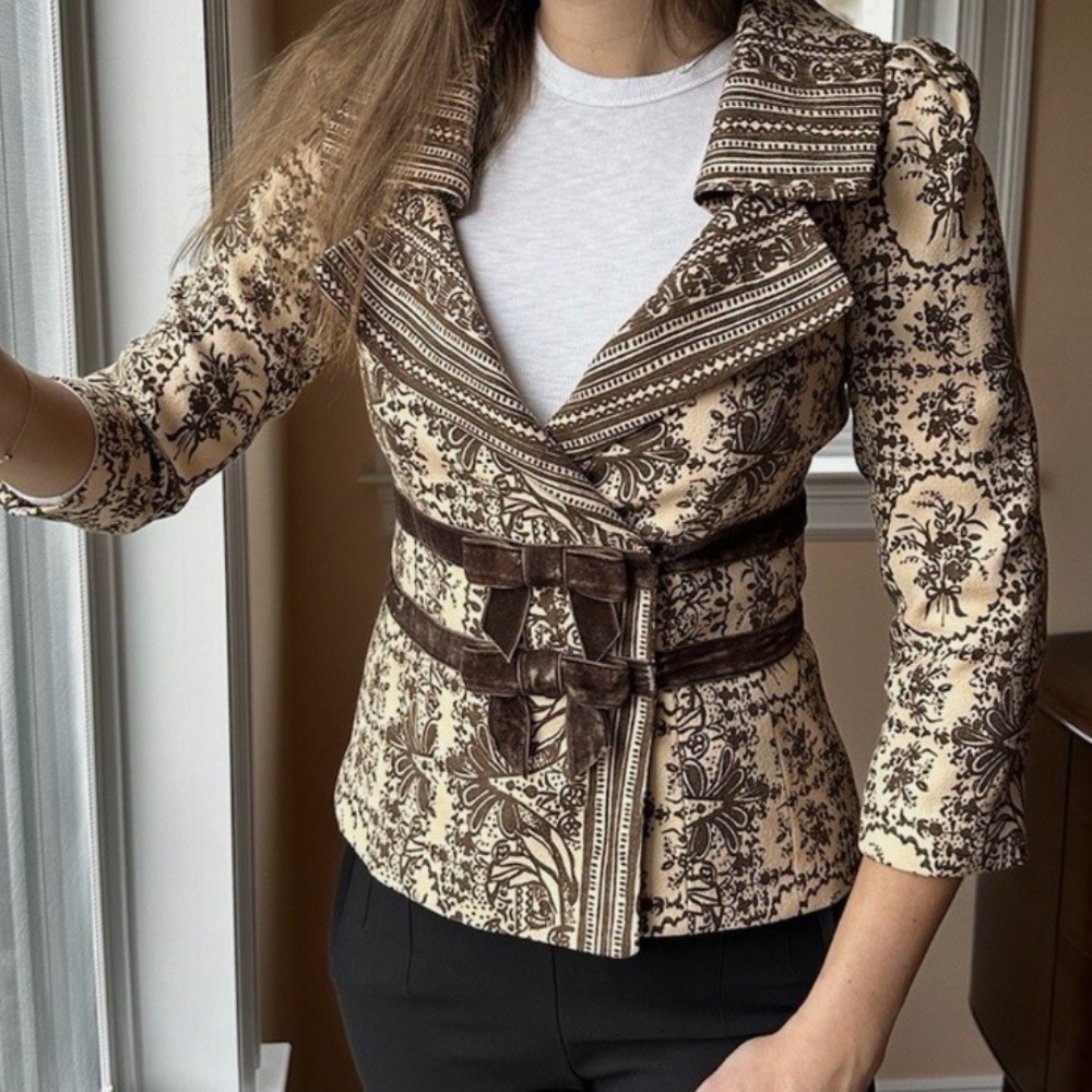 Vintage Tracy Reese Toile Blazer Size 4 Velvet Bow Neiman Marcus Jacket